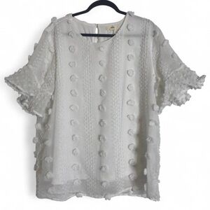 Entró White Swiss Dot Pom Pom Flutter Sleeve Top XL